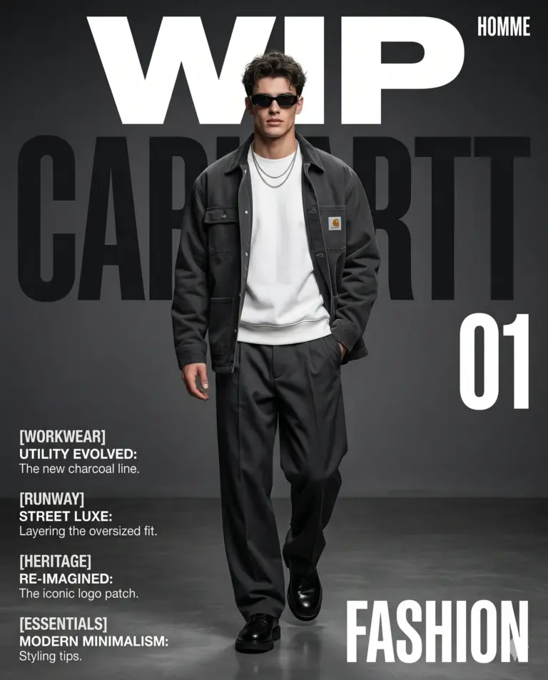 Male Fashion Magazine Cover AI Photo Editing Prompt. AI generated digital graphic art of a male model wearing charcoal workwear and sunglasses in a high-fashion magazine layout.