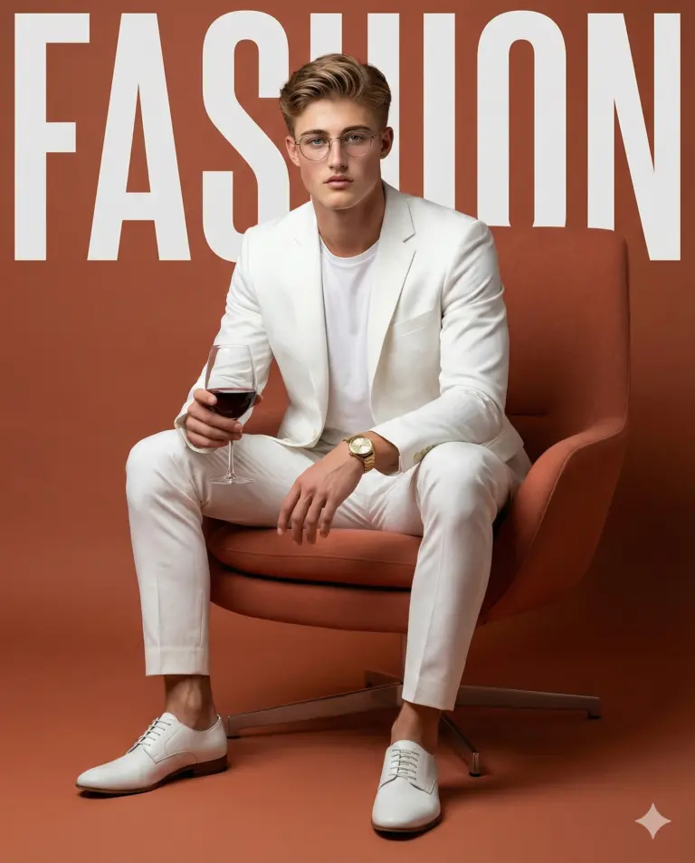 Chic male model in a white suit and glasses, holding red wine in a terracotta chair. Bold 'FASHION' text anchors this sleek, monochromatic orange editorial.