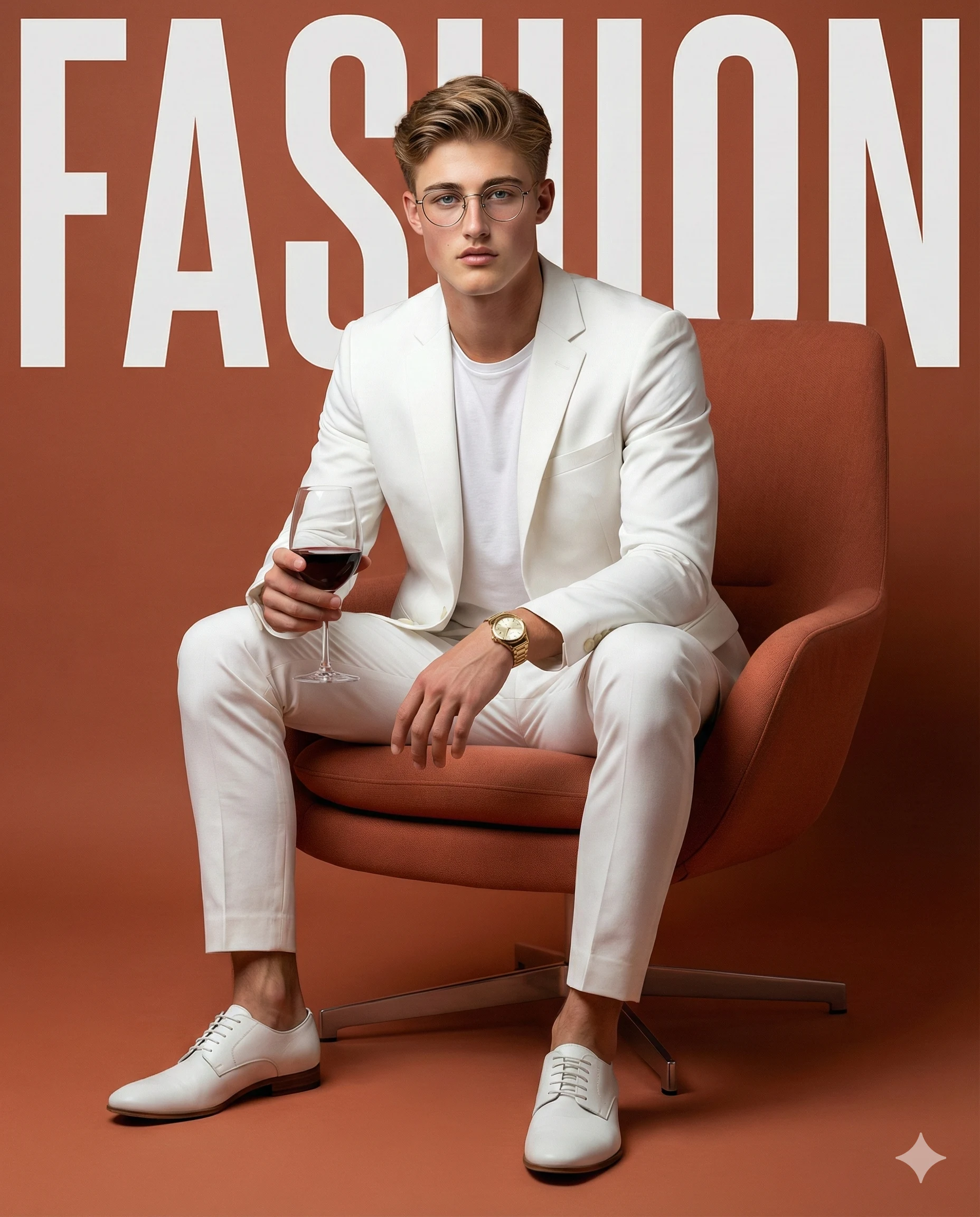 Chic male model in a white suit and glasses, holding red wine in a terracotta chair. Bold 'FASHION' text anchors this sleek, monochromatic orange editorial.