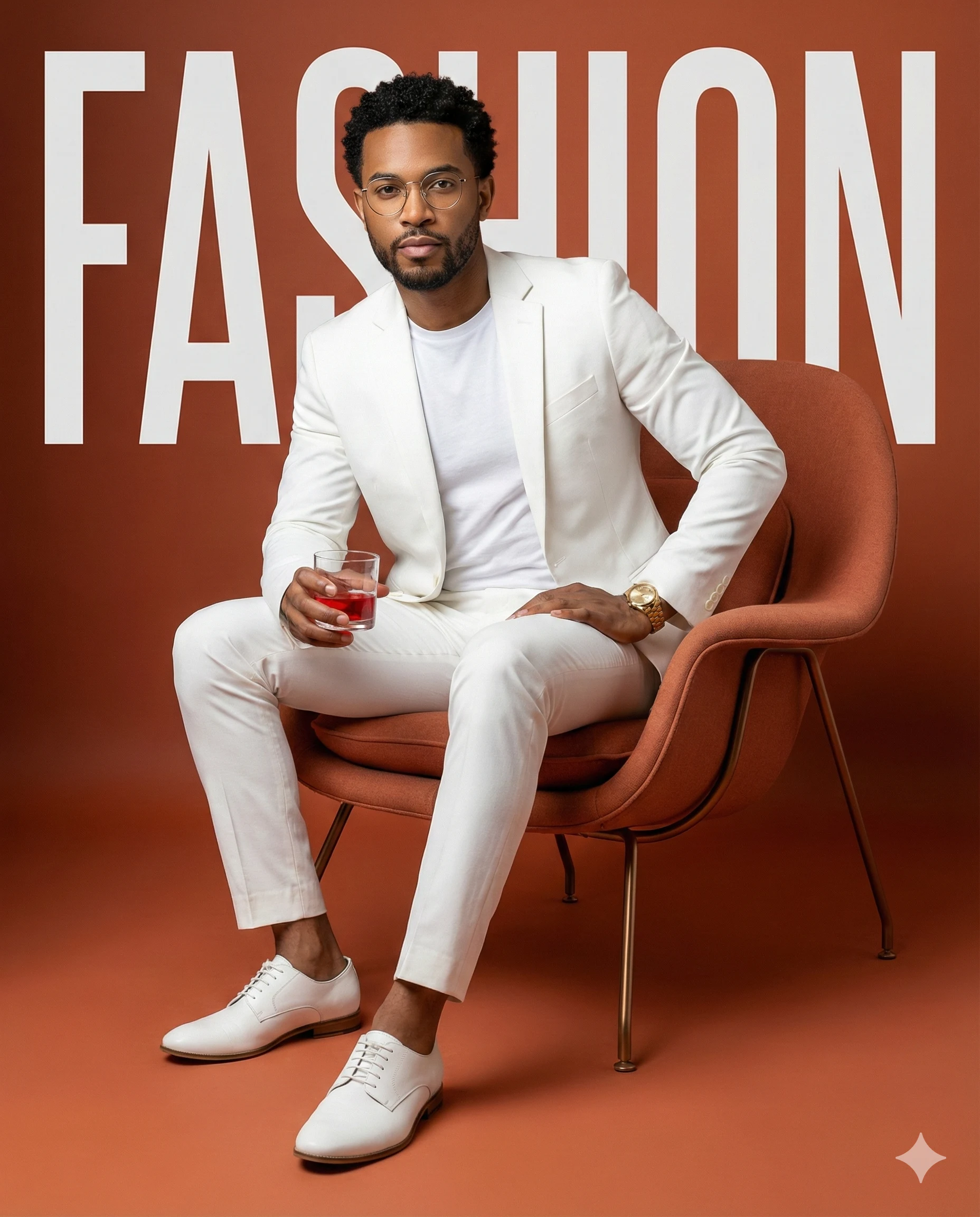 A stylish man in a white suit and glasses sits in a terracotta chair holding a red drink. Bold "FASHION" text frames this sleek, high-fashion editorial portrait.