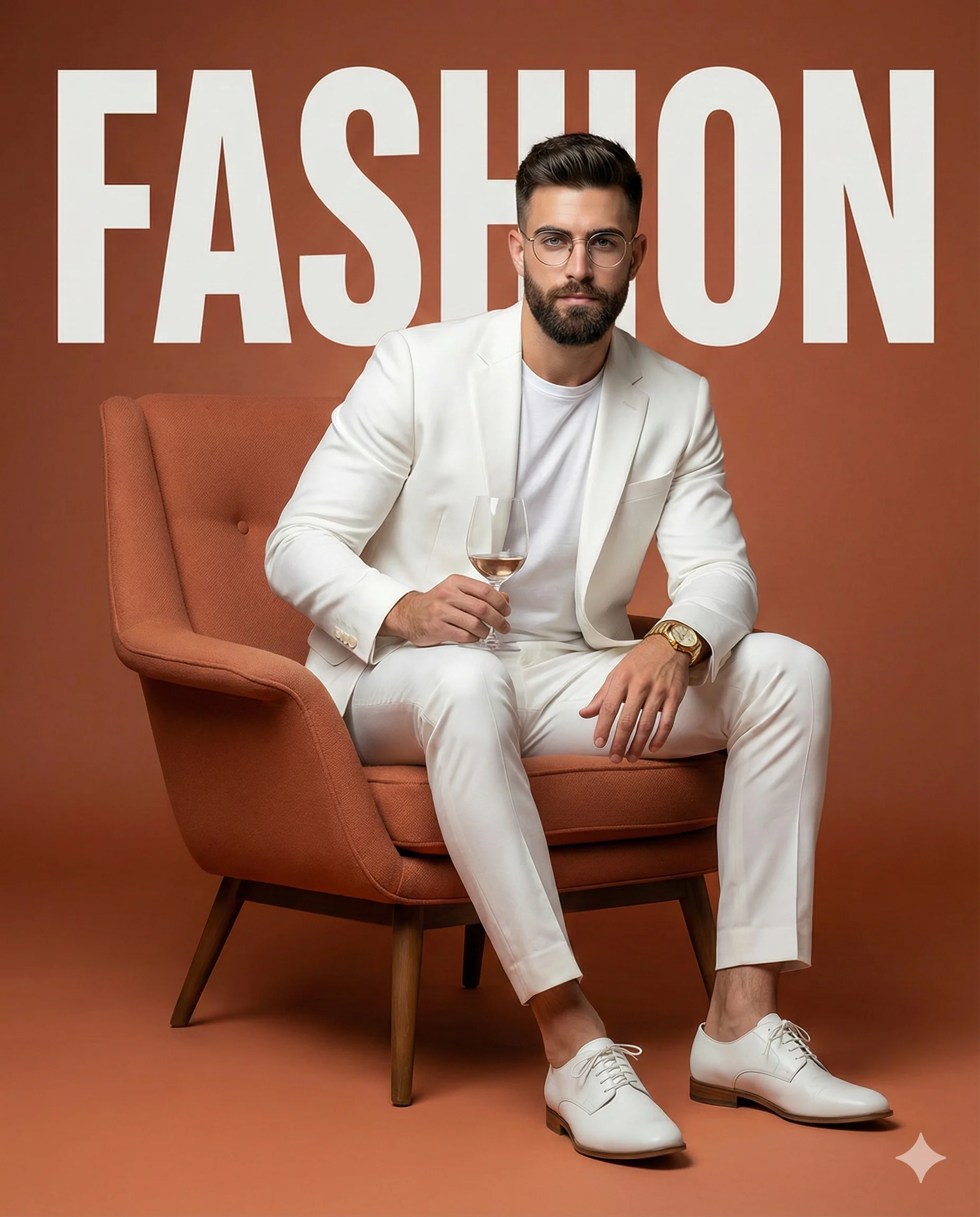 Bearded man in a sharp white suit lounging in a rust-orange chair with wine. Bold "FASHION" text anchors this sleek, high-contrast editorial shot. Minimalist and sophisticated.