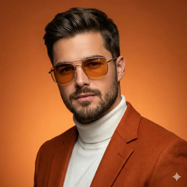 A sharp studio portrait of a bearded man in tinted aviators, a white turtleneck, and a burnt orange blazer against a matching backdrop. It's high-fashion meets monochromatic cool.