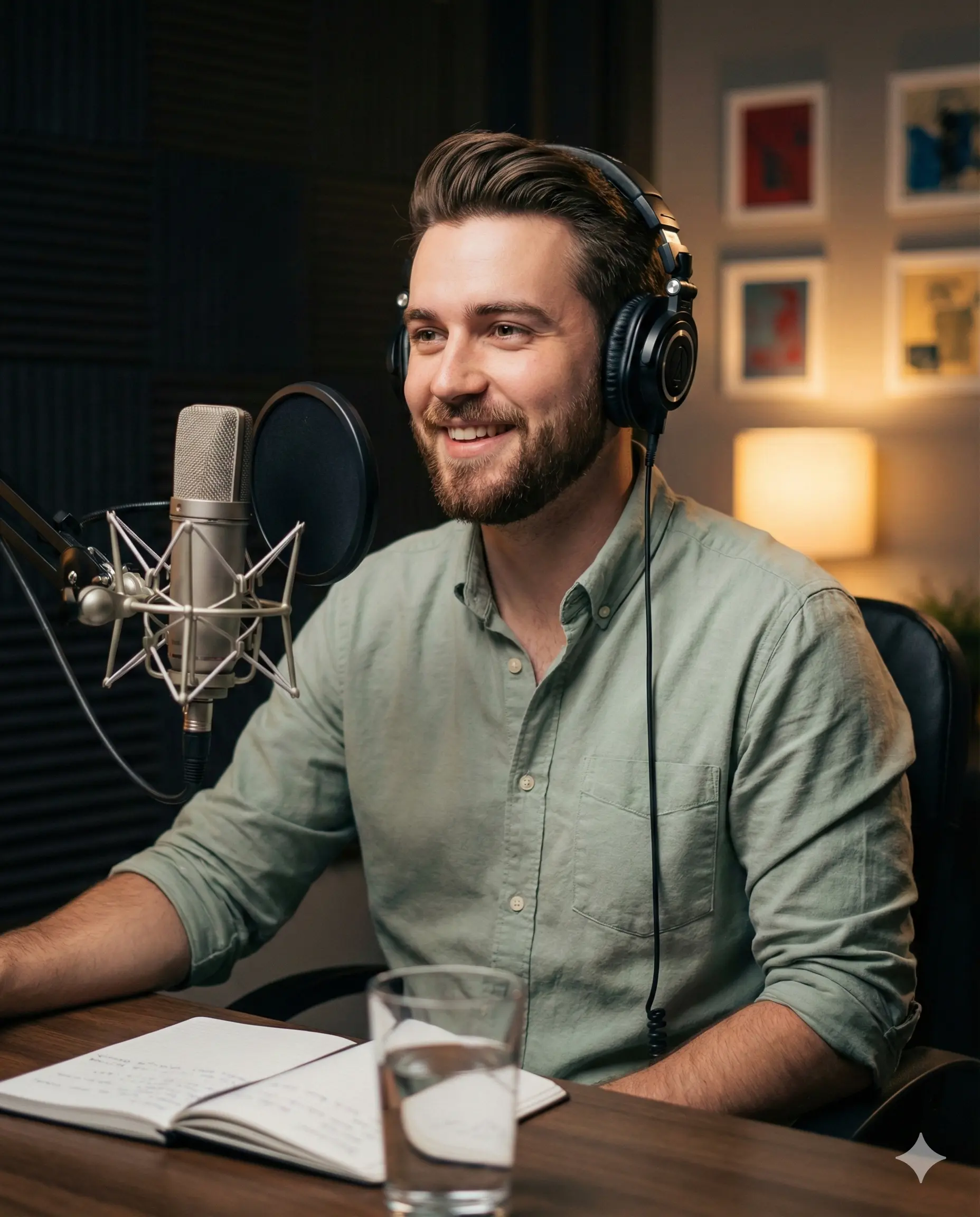 A smiling podcaster records in a cozy studio. Geared with headphones and a pro mic, notebook at the ready. Warm cinematic lighting, high-quality production, and focused energy.