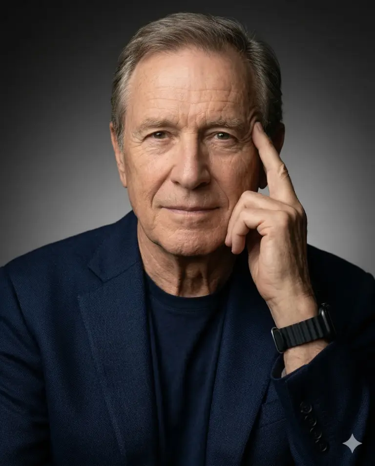 Mature Man in Blue Blazer AI Photo Editing Prompt. AI generated studio portrait of an older man in a navy blue blazer and smartwatch posing thoughtfully against a gray background.
