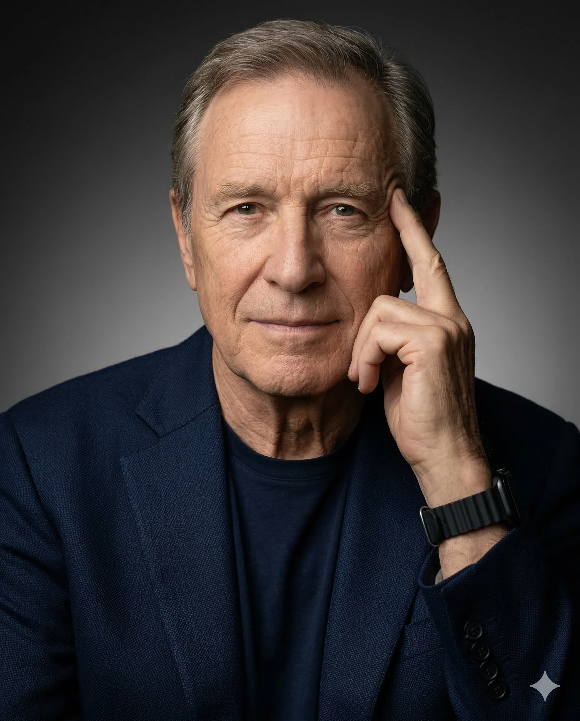 Mature Man in Blue Blazer AI Photo Editing Prompt. AI generated studio portrait of an older man in a navy blue blazer and smartwatch posing thoughtfully against a gray background.