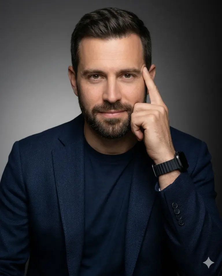 Male Professional in Blue Blazer AI Photo Editing Prompt. AI generated studio portrait of a bearded man in a navy blue blazer wearing a smartwatch and posing thoughtfully with a finger to his temple.