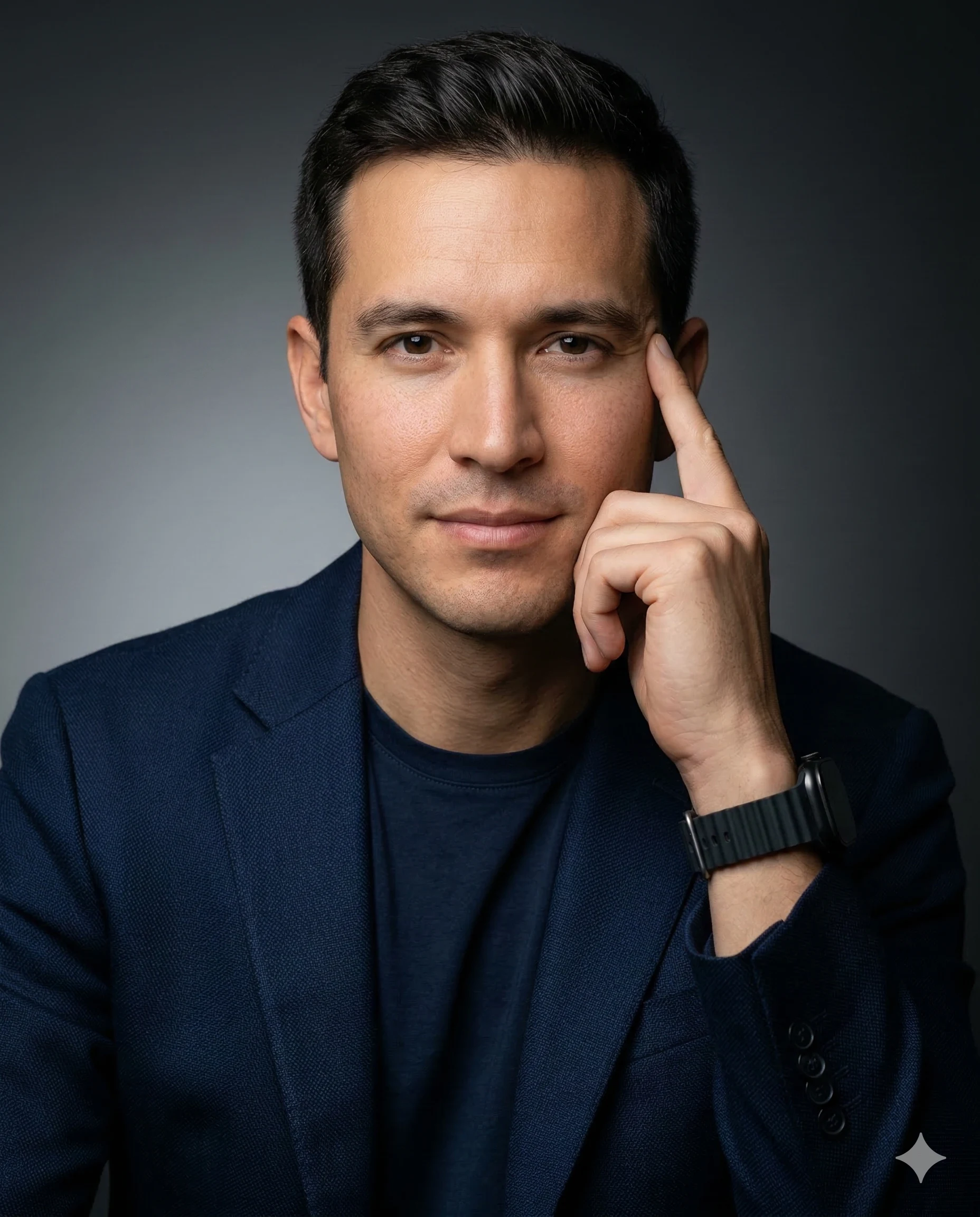 LinkedIn Profile Picture Prompt. AI generated studio portrait of a man in a navy blazer and smartwatch posing thoughtfully against a dark background.