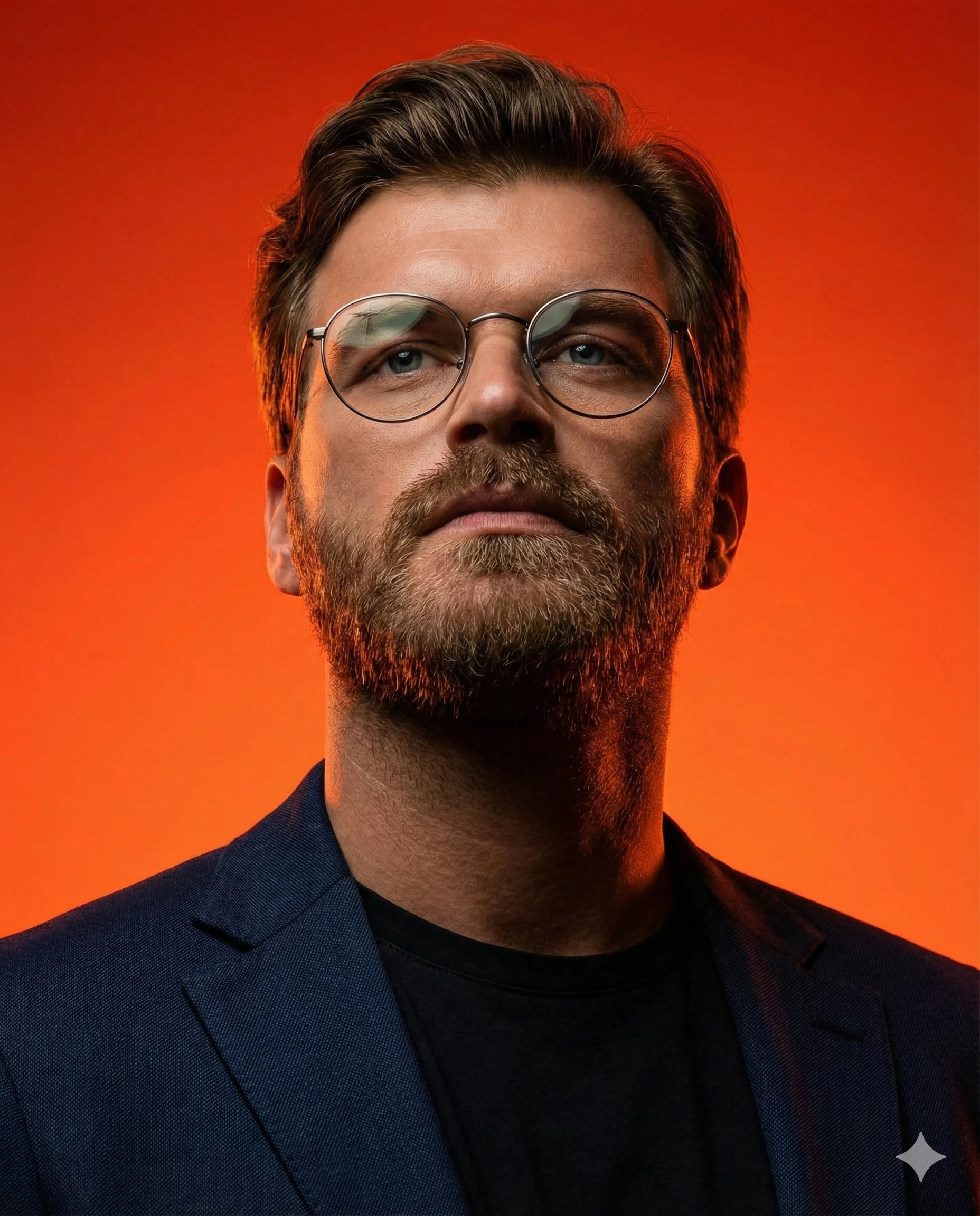 A low-angle studio portrait of a bearded man with glasses in a blue blazer, set against a vibrant orange background with dramatic, warm lighting.