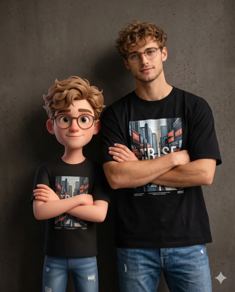 Man and 3D Cartoon Avatar AI Photo Editing Prompt. AI generated studio portrait and 3D digital illustration of a young man standing arms crossed beside his animated cartoon version in matching black t-shirts.