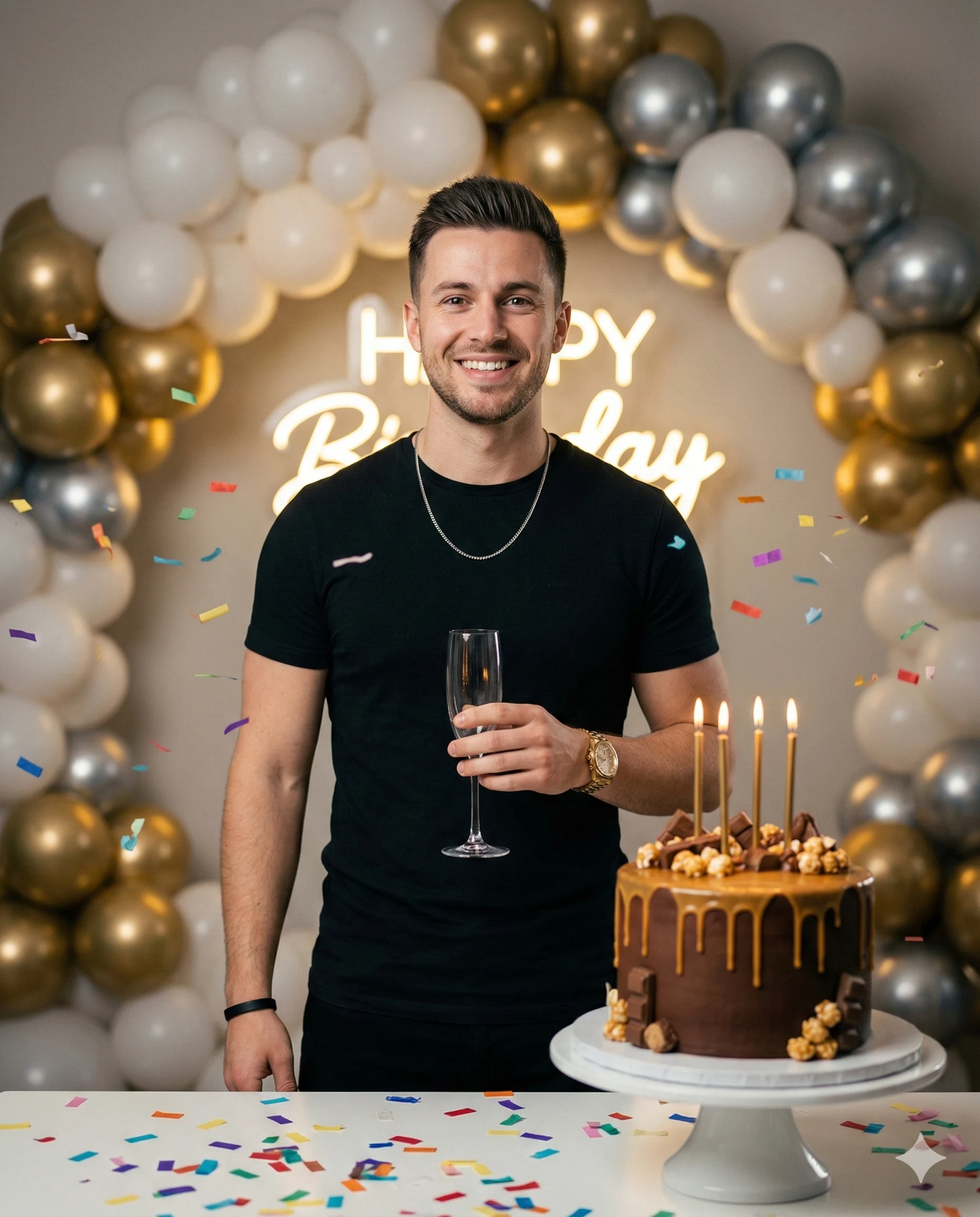 Man Birthday Celebration AI Photo Editing Prompt. AI generated studio portrait of a smiling man holding a champagne glass next to a chocolate drip cake against a festive balloon arch and neon birthday sign.