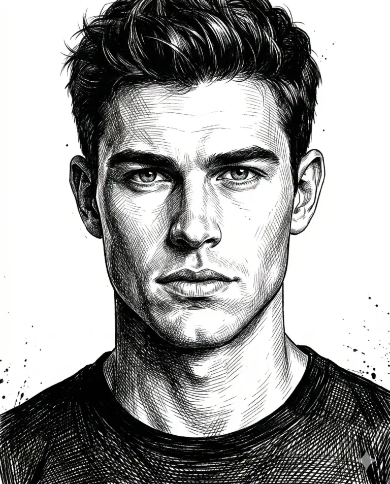 Man Ink Sketch AI Photo Editing Prompt. AI generated digital ink illustration of a man with textured hair and sharp features depicted through detailed cross-hatching.