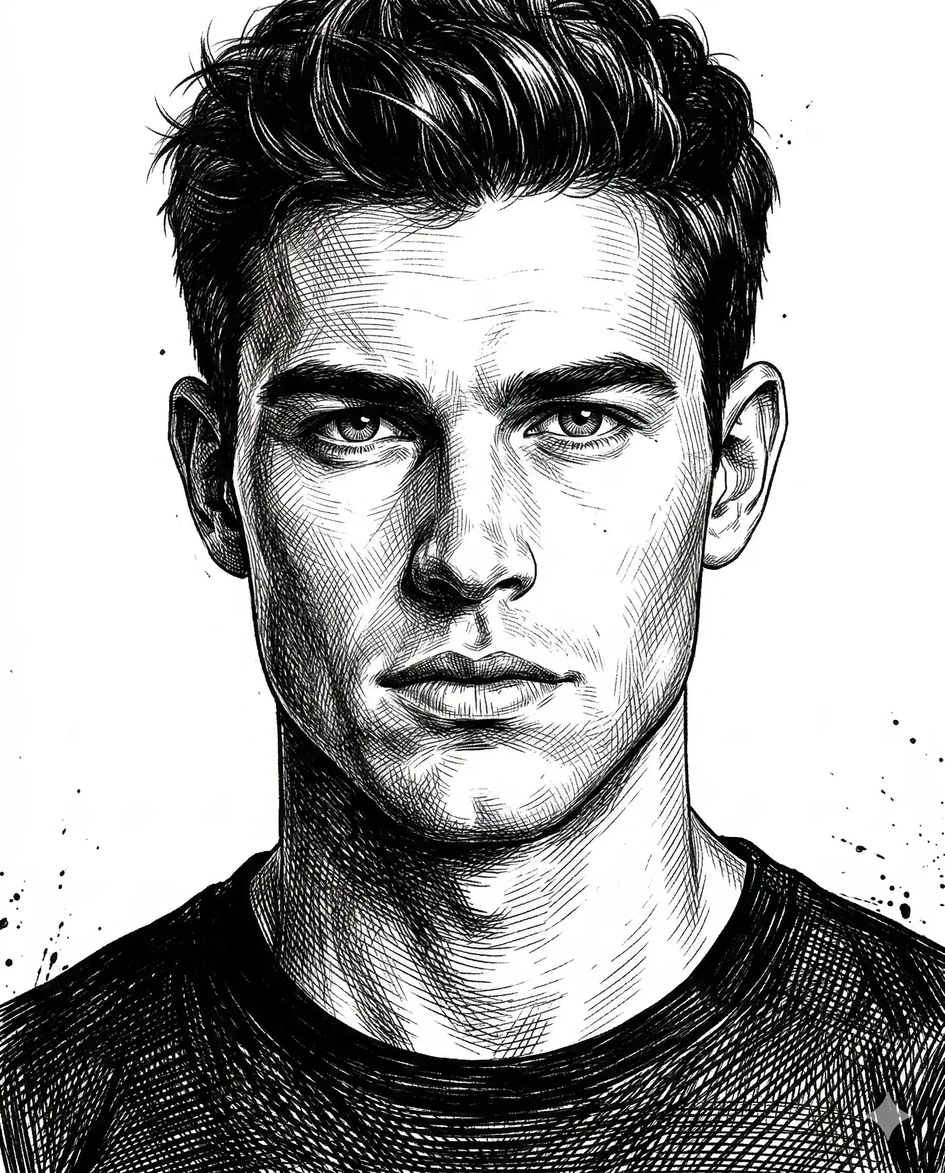 Man Ink Sketch AI Photo Editing Prompt. AI generated digital ink illustration of a man with textured hair and sharp features depicted through detailed cross-hatching.