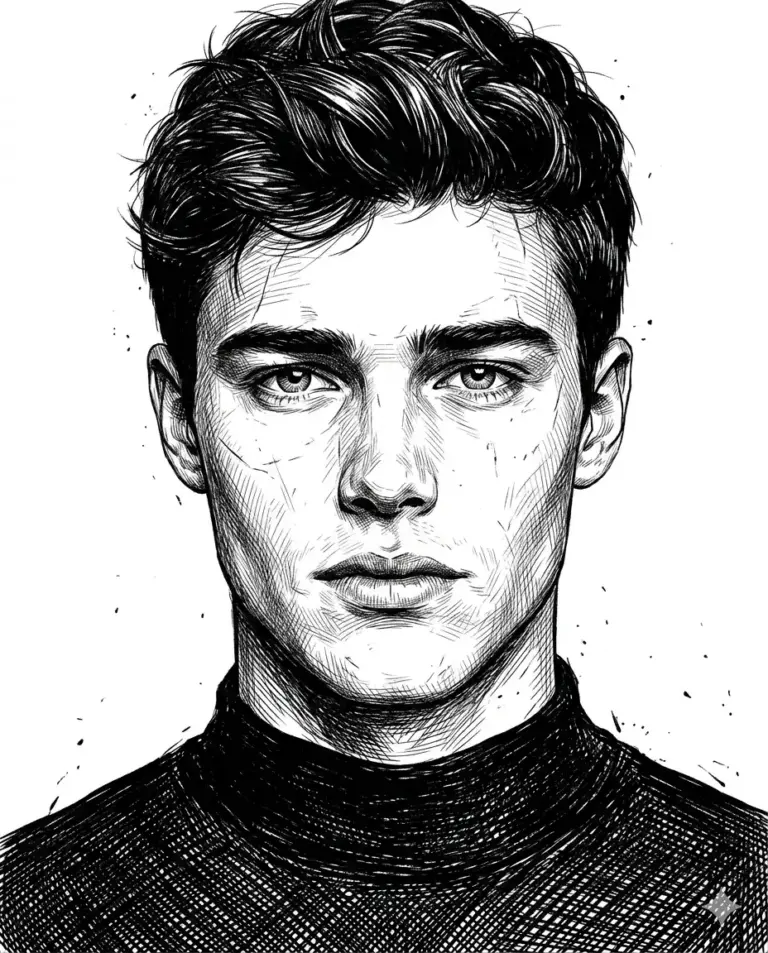 AI generated digital sketch illustration of a handsome young man with messy hair and sharp features wearing a black turtleneck sweater.