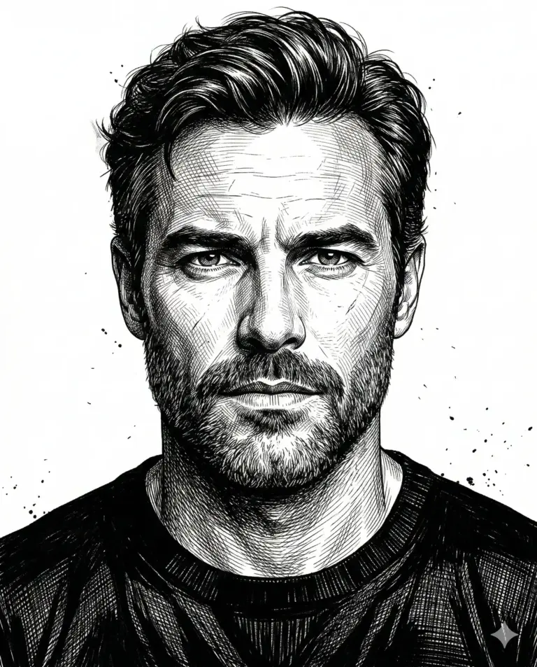 Man Ink Sketch Prompt. AI generated digital illustration of a rugged bearded man featuring detailed cross-hatching and ink splatter art.