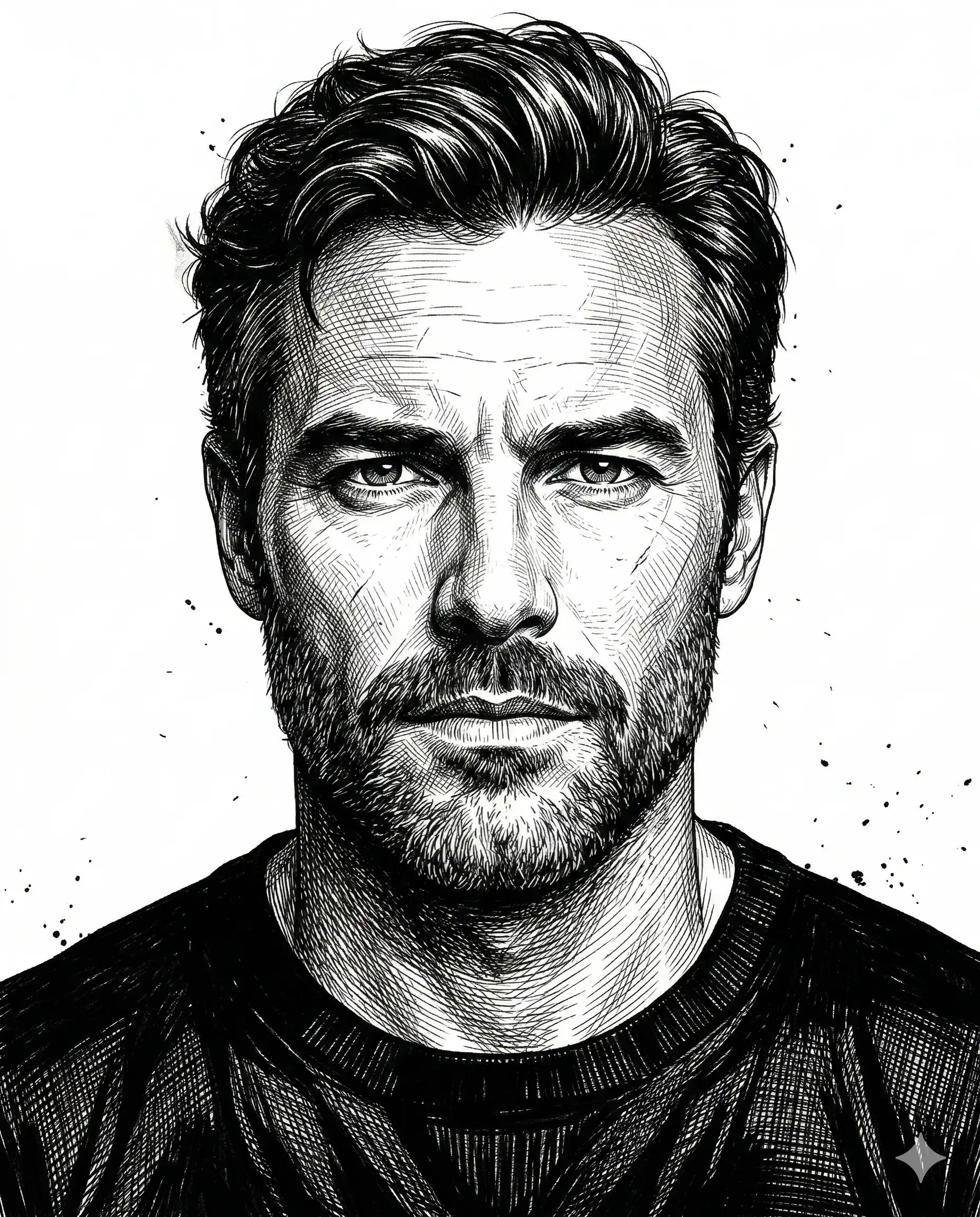 Man Ink Sketch Prompt. AI generated digital illustration of a rugged bearded man featuring detailed cross-hatching and ink splatter art.
