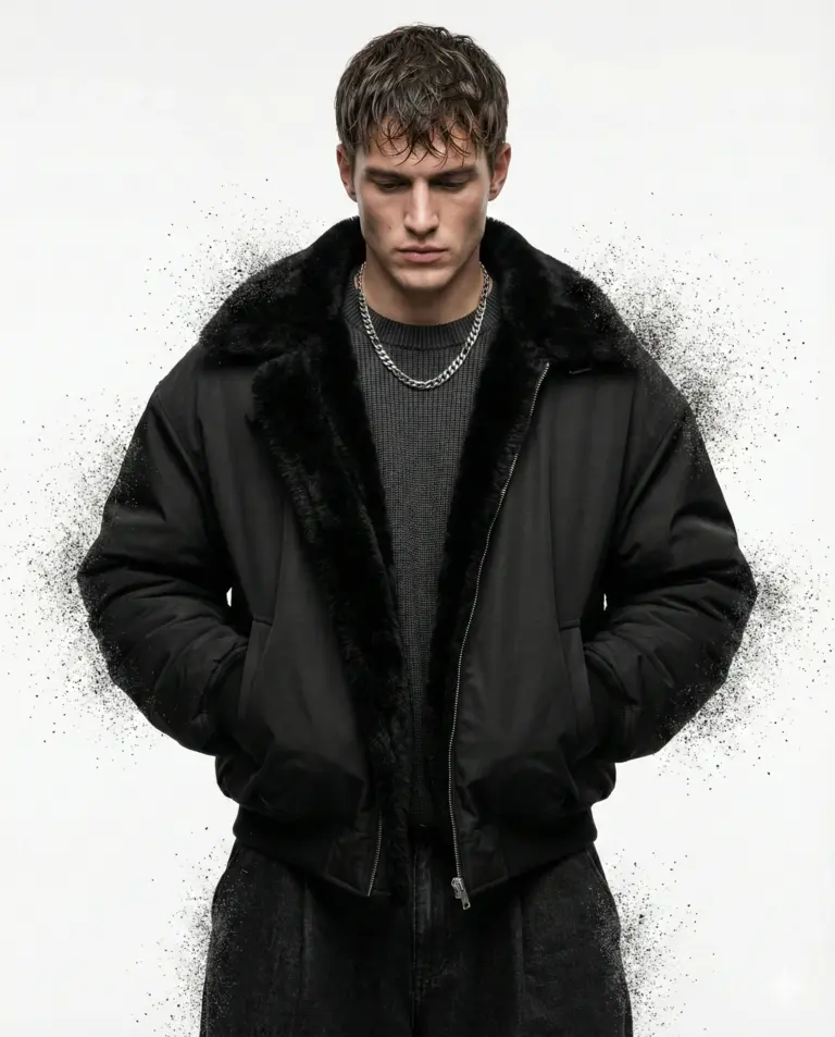 Man in Black Fur Jacket AI Photo Editing Prompt. AI generated studio portrait of a man wearing a black bomber jacket with a fur collar and a silver chain against a white background with black particle effects.