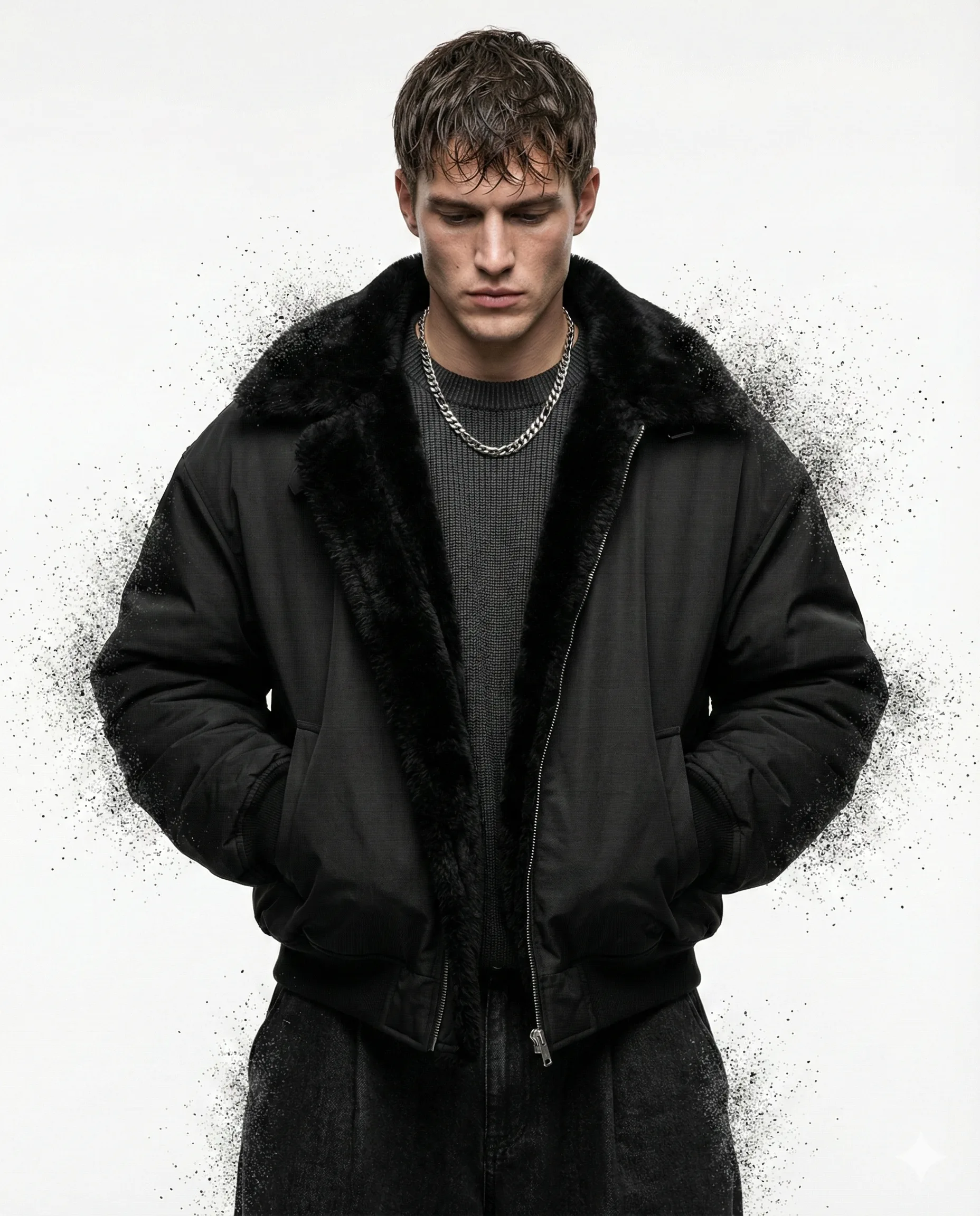Man in Black Fur Jacket AI Photo Editing Prompt. AI generated studio portrait of a man wearing a black bomber jacket with a fur collar and a silver chain against a white background with black particle effects.
