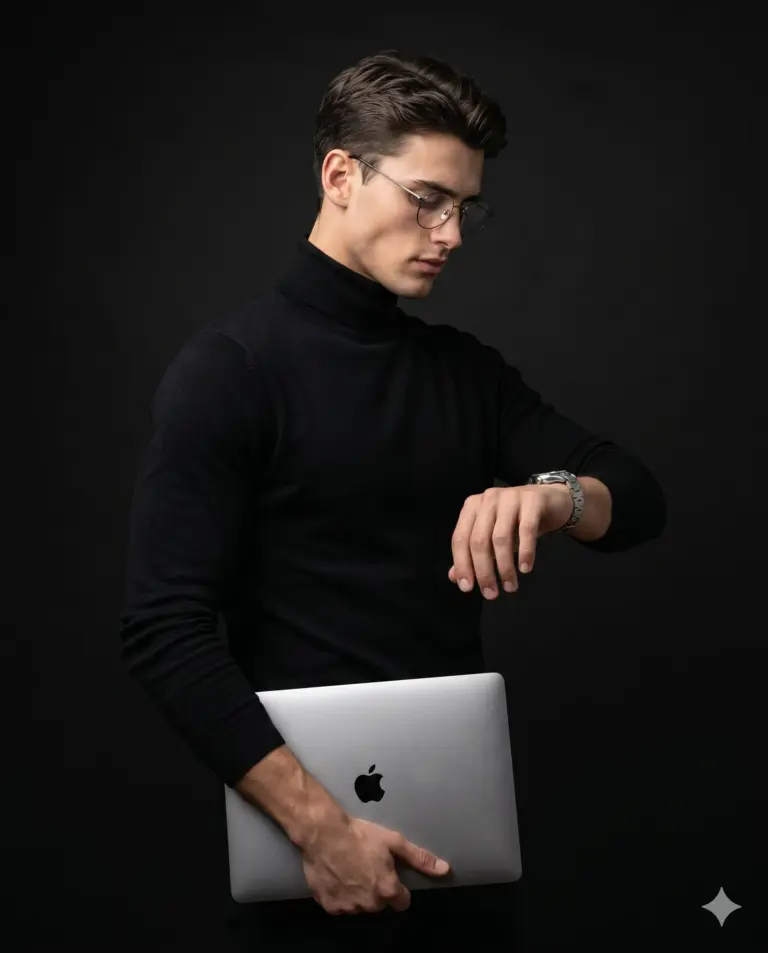 Tech Professional with Laptop Photo Editing Prompt. AI generated studio portrait of a man in a black turtleneck and glasses looking at his wristwatch while holding a silver laptop against a dark background.