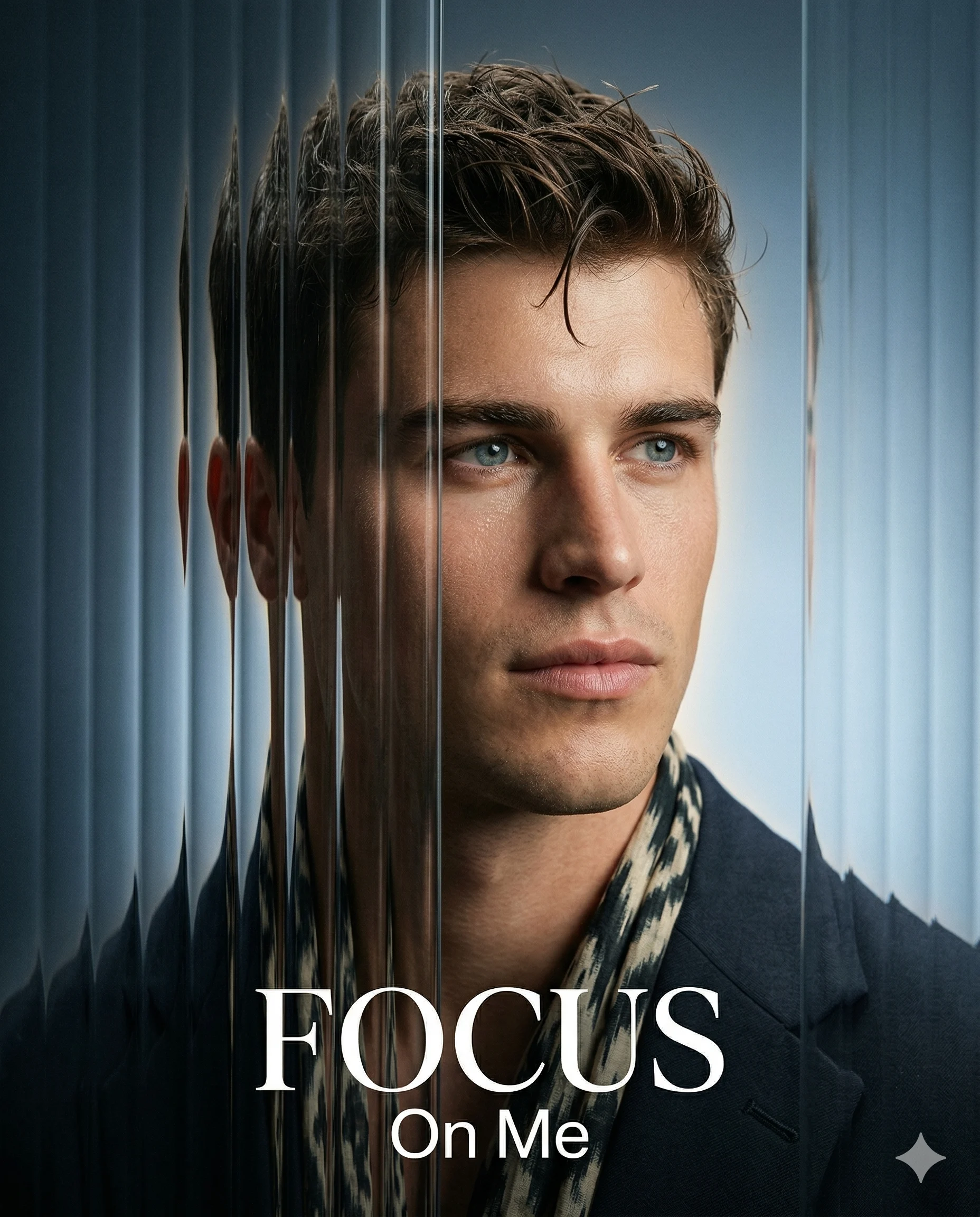 Young Man Behind Refractive Glass Portrait Prompt. AI generated studio portrait of a young man with blue eyes behind vertical glass rods, featuring prominent text 'FOCUS On Me'.