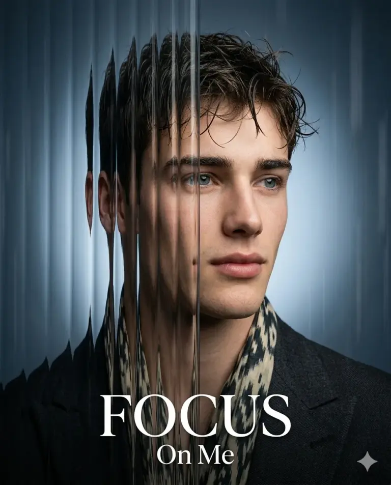Man Behind Fluted Glass AI Photo Editing Prompt. AI generated studio portrait of a stylish man with blue eyes looking through textured glass with the text "FOCUS On Me" at the bottom.