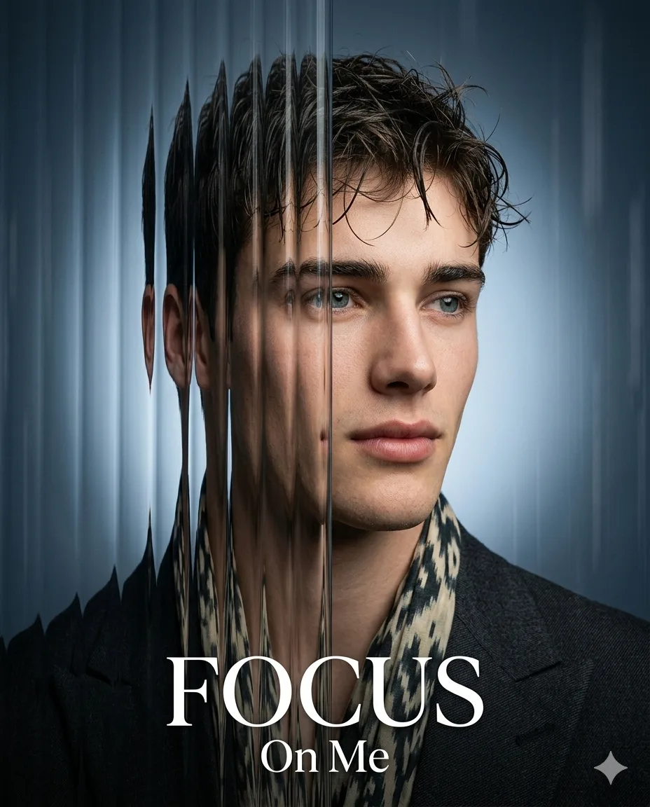 Man Behind Fluted Glass AI Photo Editing Prompt. AI generated studio portrait of a stylish man with blue eyes looking through textured glass with the text "FOCUS On Me" at the bottom.
