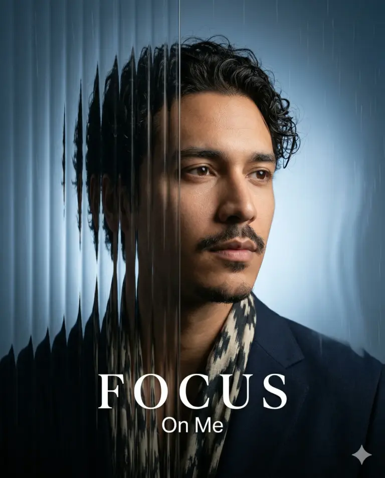 AI generated cinematic portrait of a man with wavy hair and a patterned scarf, partially obscured by vertical glass distortion with "FOCUS On Me" text overlay.