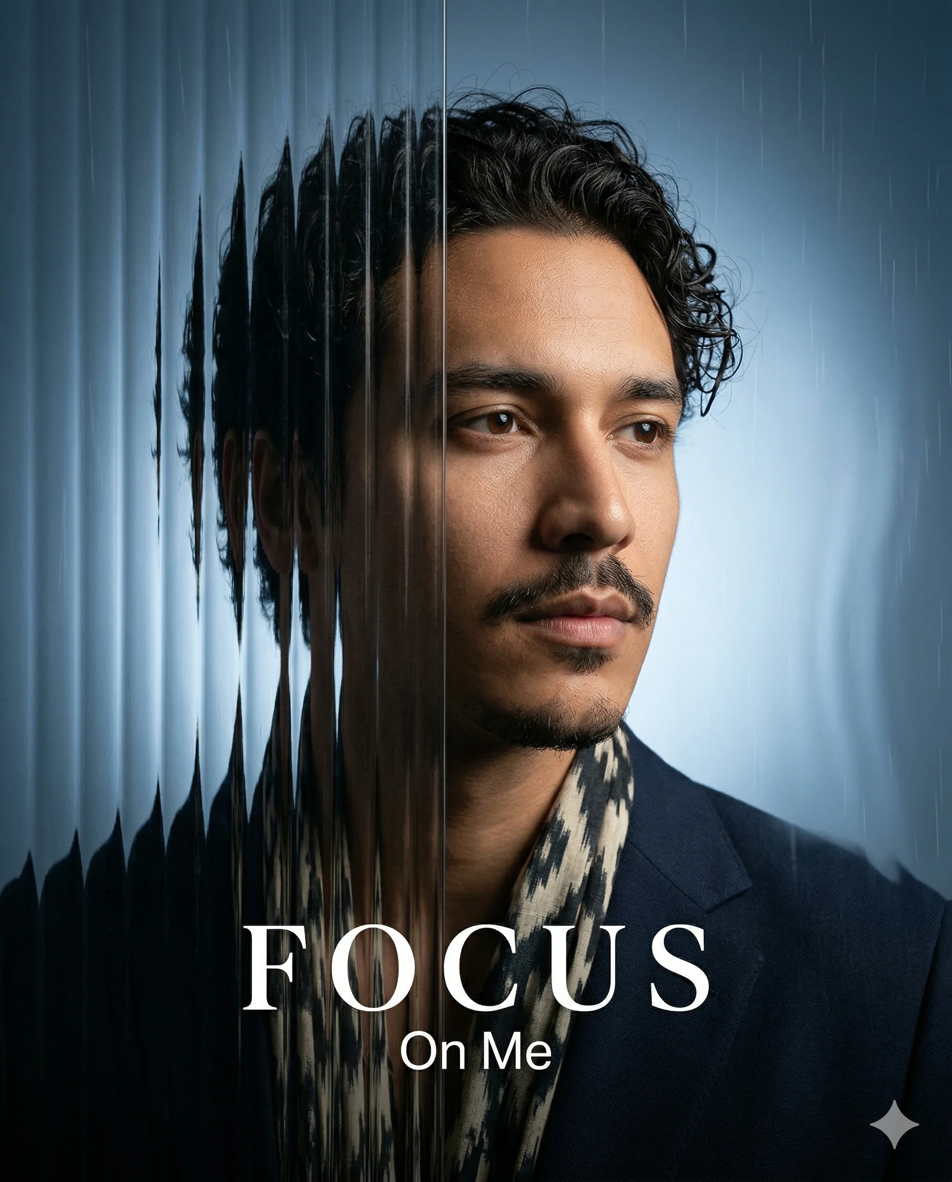 AI generated cinematic portrait of a man with wavy hair and a patterned scarf, partially obscured by vertical glass distortion with "FOCUS On Me" text overlay.