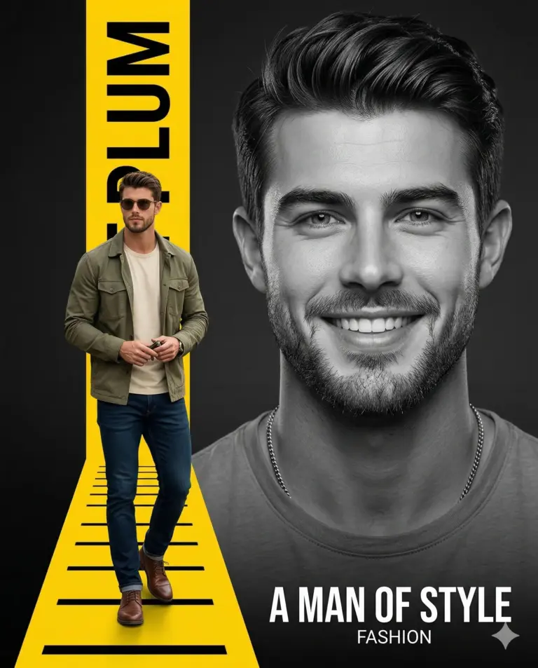 Man in Fashion Poster AI Photo Editing Prompt. AI generated digital illustration and portrait of a man in an olive jacket walking on a yellow graphic path next to a large black and white close-up.