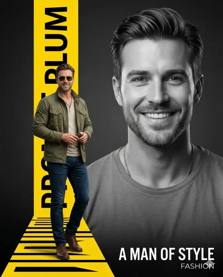 Man in Olive Jacket Fashion Poster Editing Prompt. AI generated digital fashion poster showcasing a man in an olive field jacket and jeans alongside a large black-and-white smiling portrait.