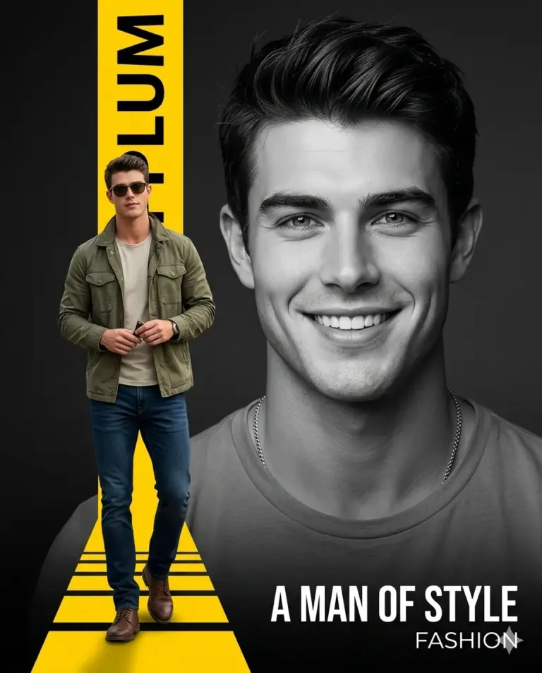 Man in Olive Jacket Fashion Poster Prompt. AI generated digital illustration of a stylish man in an olive jacket and jeans standing against a large monochrome portrait with bold yellow graphic elements.