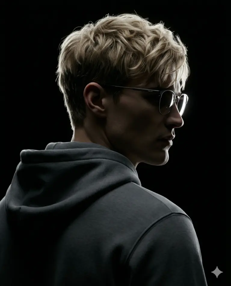 Man in Glasses AI Photo Editing Prompt. AI generated studio portrait of a blonde man in a grey hoodie with cinematic rim lighting.