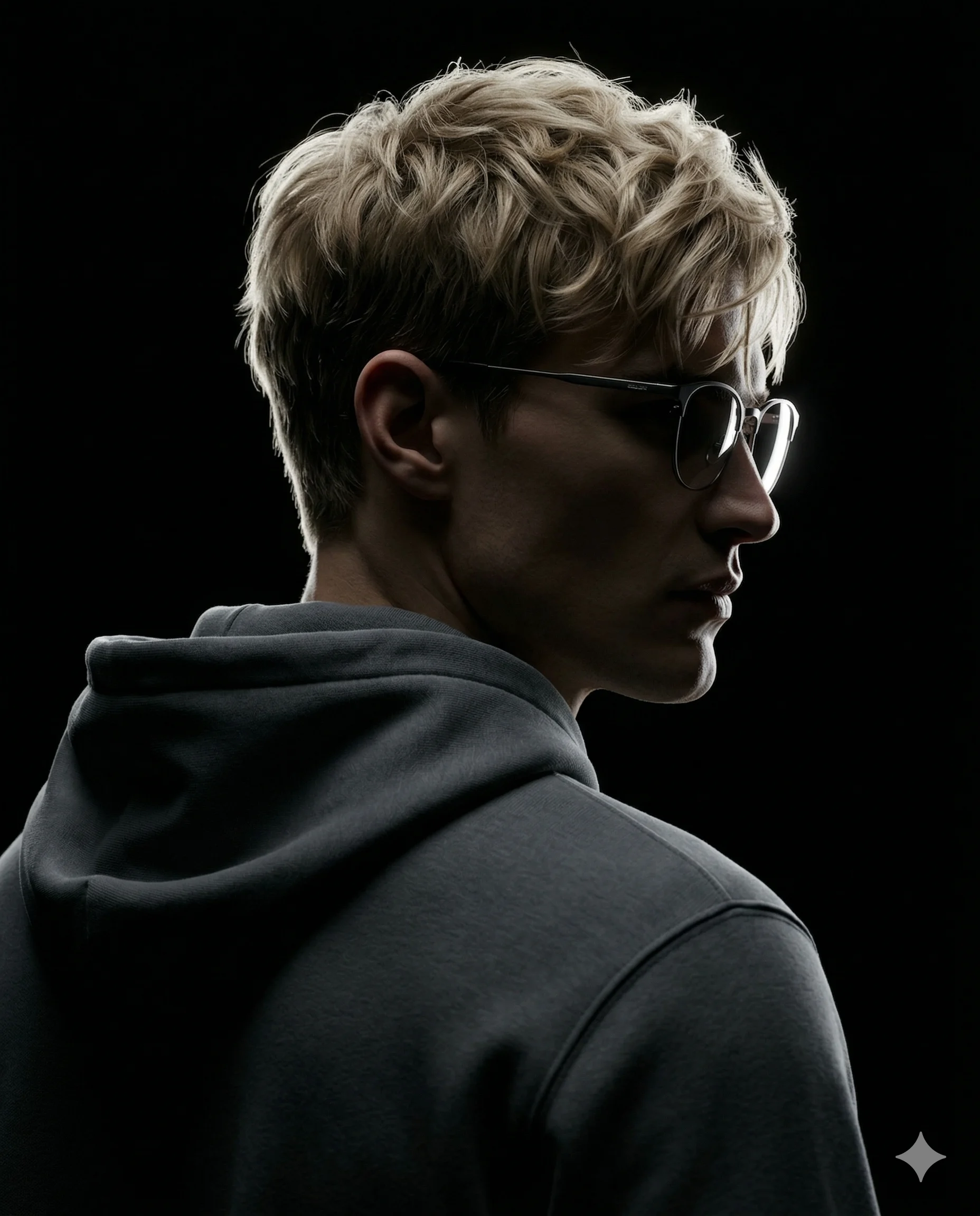 Man in Glasses AI Photo Editing Prompt. AI generated studio portrait of a blonde man in a grey hoodie with cinematic rim lighting.