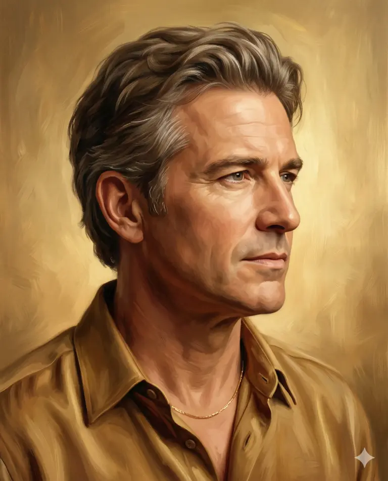 Golden Toned Classical Man Painting Prompt. AI generated classical oil painting portrait of a middle-aged man with wavy hair and a gold chain against a textured gold background.