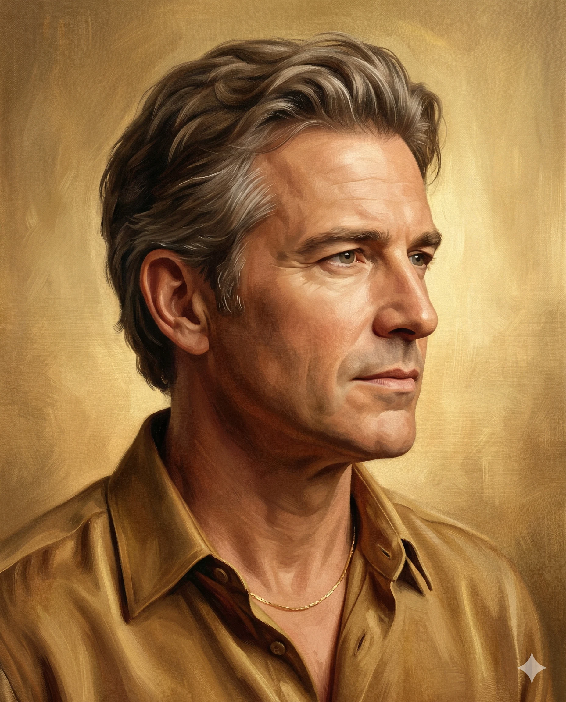 Golden Toned Classical Man Painting Prompt. AI generated classical oil painting portrait of a middle-aged man with wavy hair and a gold chain against a textured gold background.