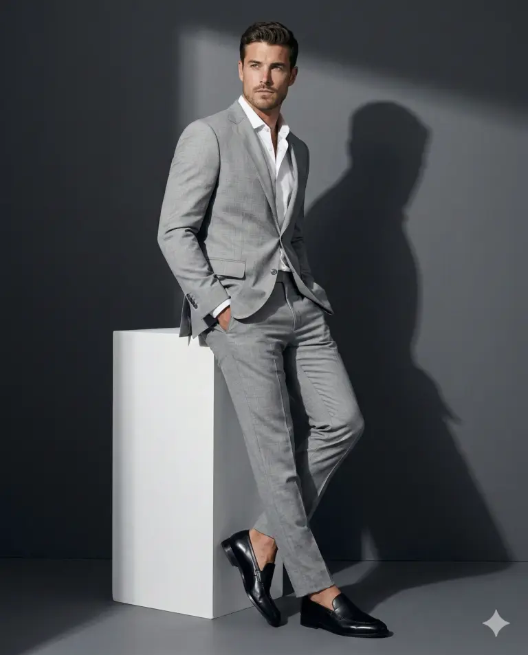 Man in Grey Suit and Loafers AI Photo Editing Prompt. AI generated fashion portrait of a man in a light grey tailored suit and black loafers leaning against a white minimalist pedestal.