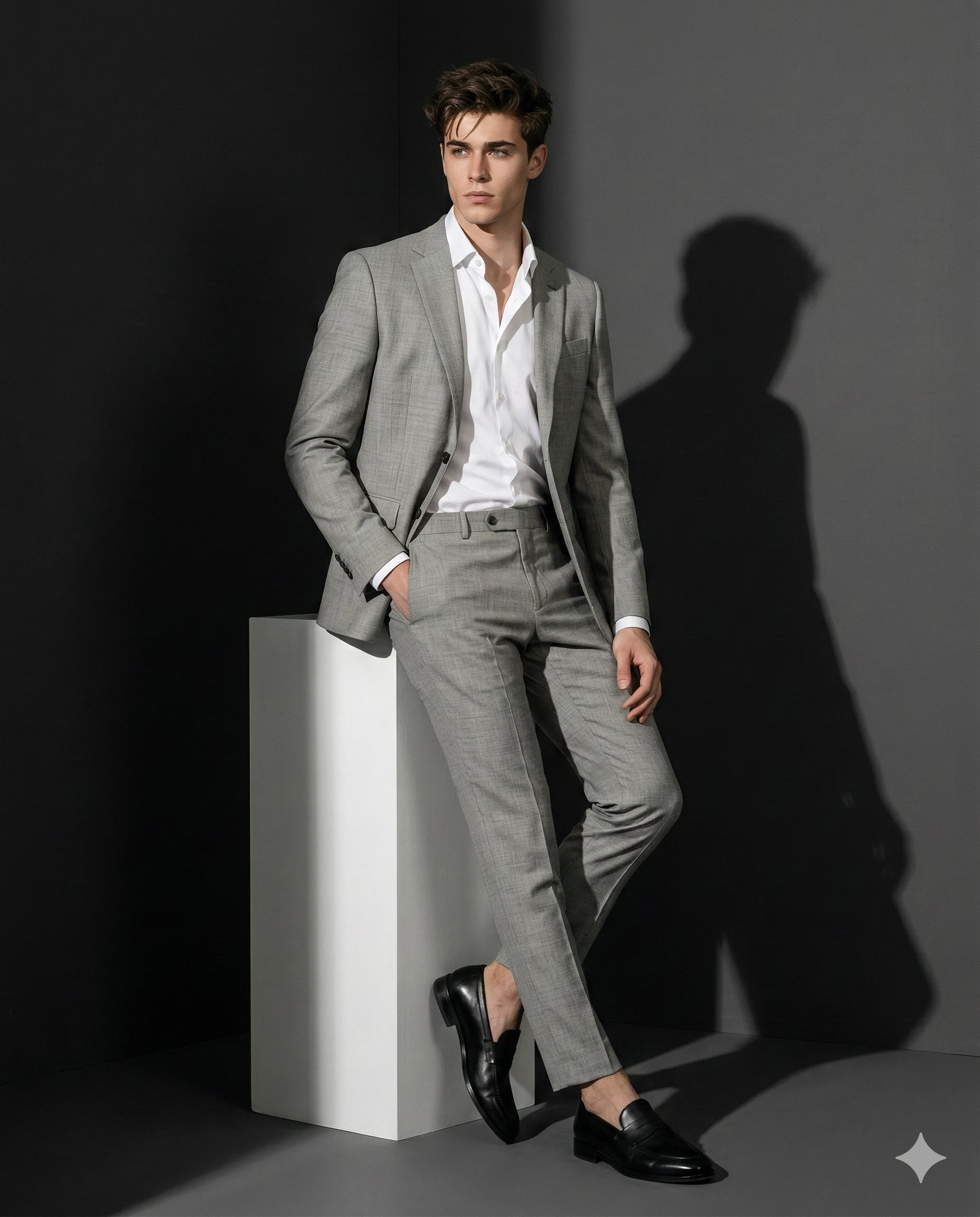 Man in Grey Suit AI Photo Editing Prompt. AI generated fashion portrait of a stylish young man in a tailored grey suit and black loafers leaning on a white pedestal.