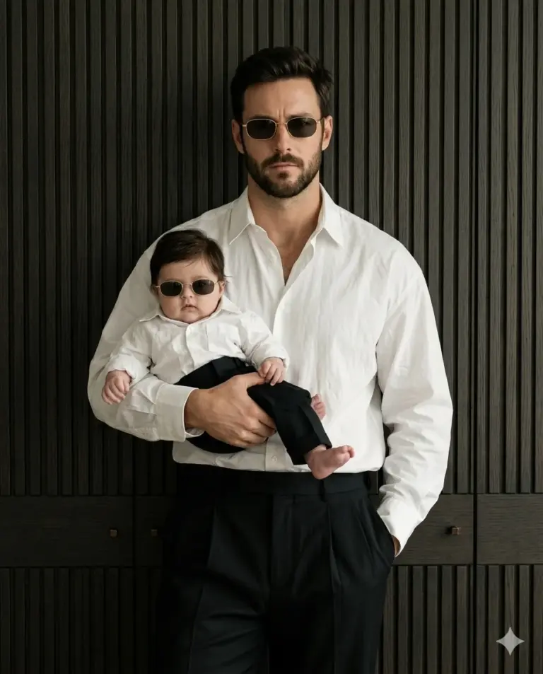 Man and Baby in Matching Sunglasses AI Photo Editing Prompt. AI generated fashion portrait of a bearded man holding a baby, both wearing white shirts and gold-rimmed sunglasses against a dark wood-paneled background.