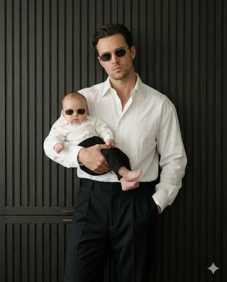 Father and Son Fashion Photography Prompt. AI generated studio portrait of a man holding a baby, both dressed in white shirts and black trousers with matching sunglasses against a dark ribbed wall.