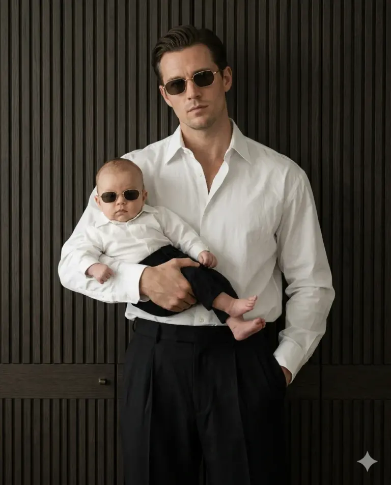 Man and Baby in Sunglasses AI Photo Editing Prompt. AI generated studio portrait of a stylish man holding a baby, both wearing white shirts and matching shades against a dark wood-slatted background.