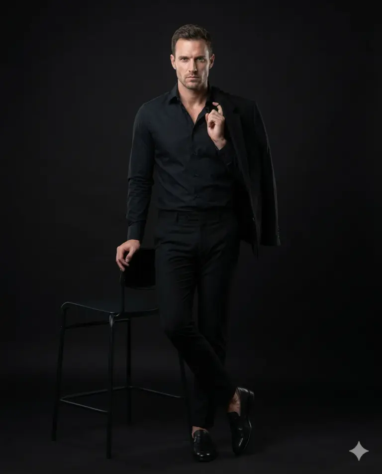 Man in All-Black Suit AI Photo Editing Prompt. AI generated studio portrait of a man in a black shirt and trousers leaning against a chair with a jacket slung over his shoulder.