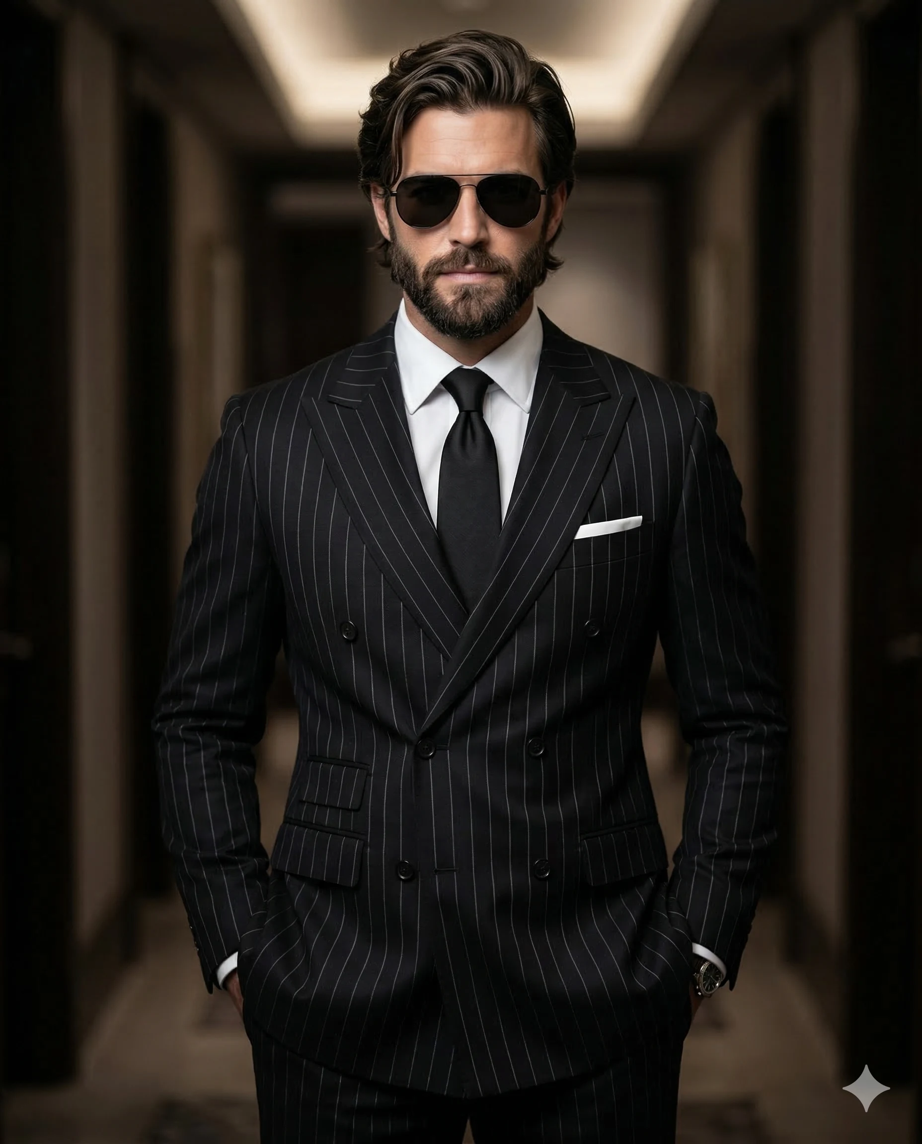 Man in Black Pinstripe Suit AI Photo Editing Prompt. AI generated portrait of a bearded man wearing a black double-breasted pinstripe suit and sunglasses standing in a hallway.