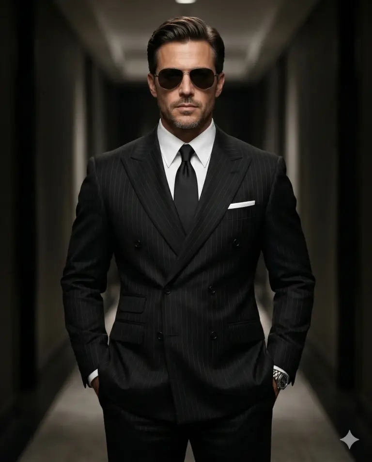 Man in Pinstripe Suit and Sunglasses Portrait Prompt. AI generated cinematic portrait of a sophisticated man wearing a black pinstripe double-breasted suit and aviator sunglasses in a dimly lit hallway.