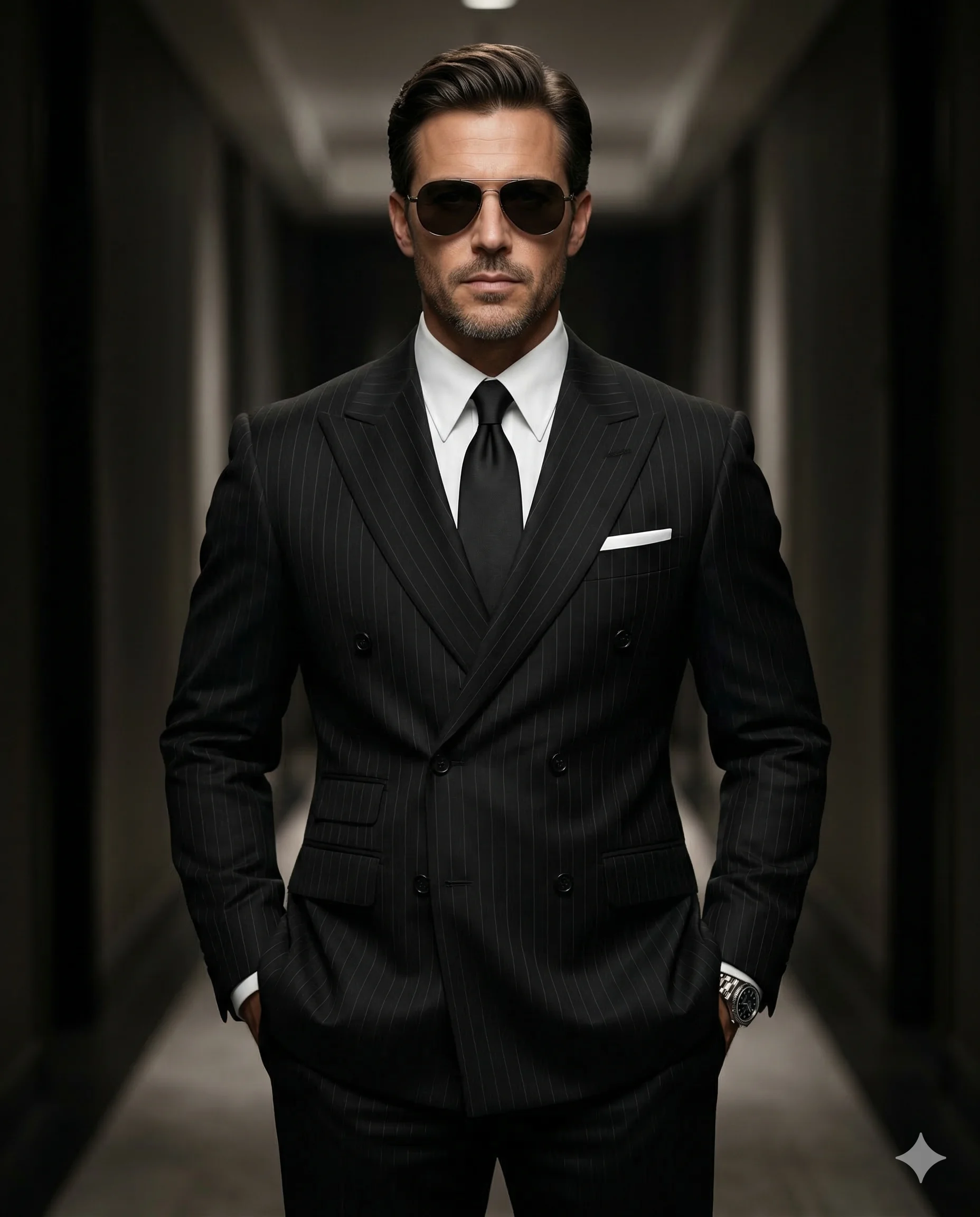 Man in Pinstripe Suit and Sunglasses Portrait Prompt. AI generated cinematic portrait of a sophisticated man wearing a black pinstripe double-breasted suit and aviator sunglasses in a dimly lit hallway.