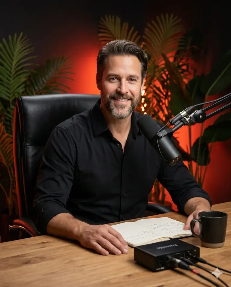 Man in Podcast Studio AI Photo Editing Prompt. AI generated studio portrait of a smiling bearded man in a black shirt sitting at a wooden desk with a professional microphone and audio equipment.