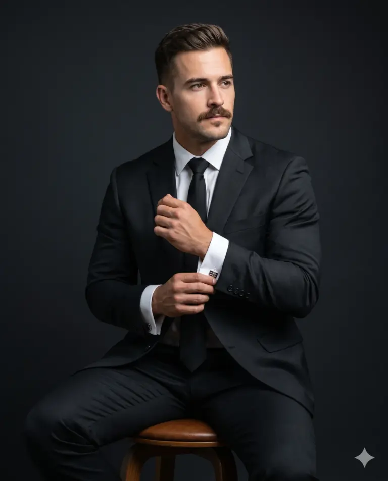Man in Black Suit Adjusting Cufflinks AI Photo Editing Prompt. AI generated studio portrait of a man sitting on a stool and adjusting his cufflinks.