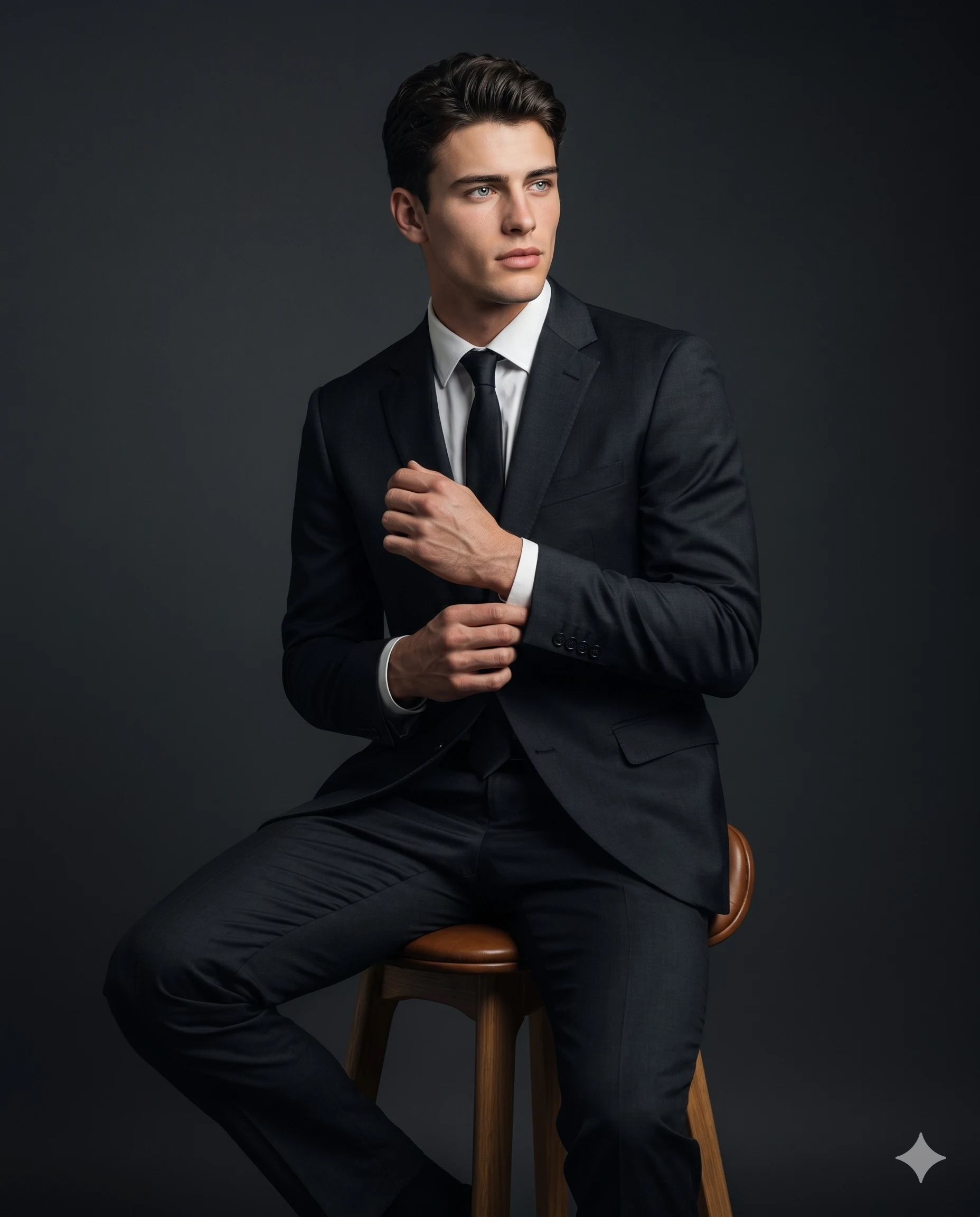 Man in Black Suit Adjusting Cufflink AI Photo Editing Prompt. AI generated studio portrait of a sharp-dressed man in a black suit sitting on a wooden stool while adjusting his cufflink against a dark grey background.