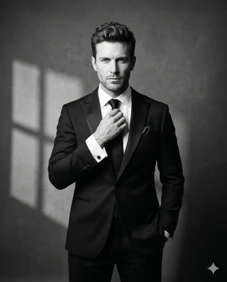 Dapper Man in Black Tuxedo Adjusting Tie AI Photo Editing Prompt. AI generated black and white studio portrait of a handsome man in a black tuxedo adjusting his tie against a textured wall with a window shadow.