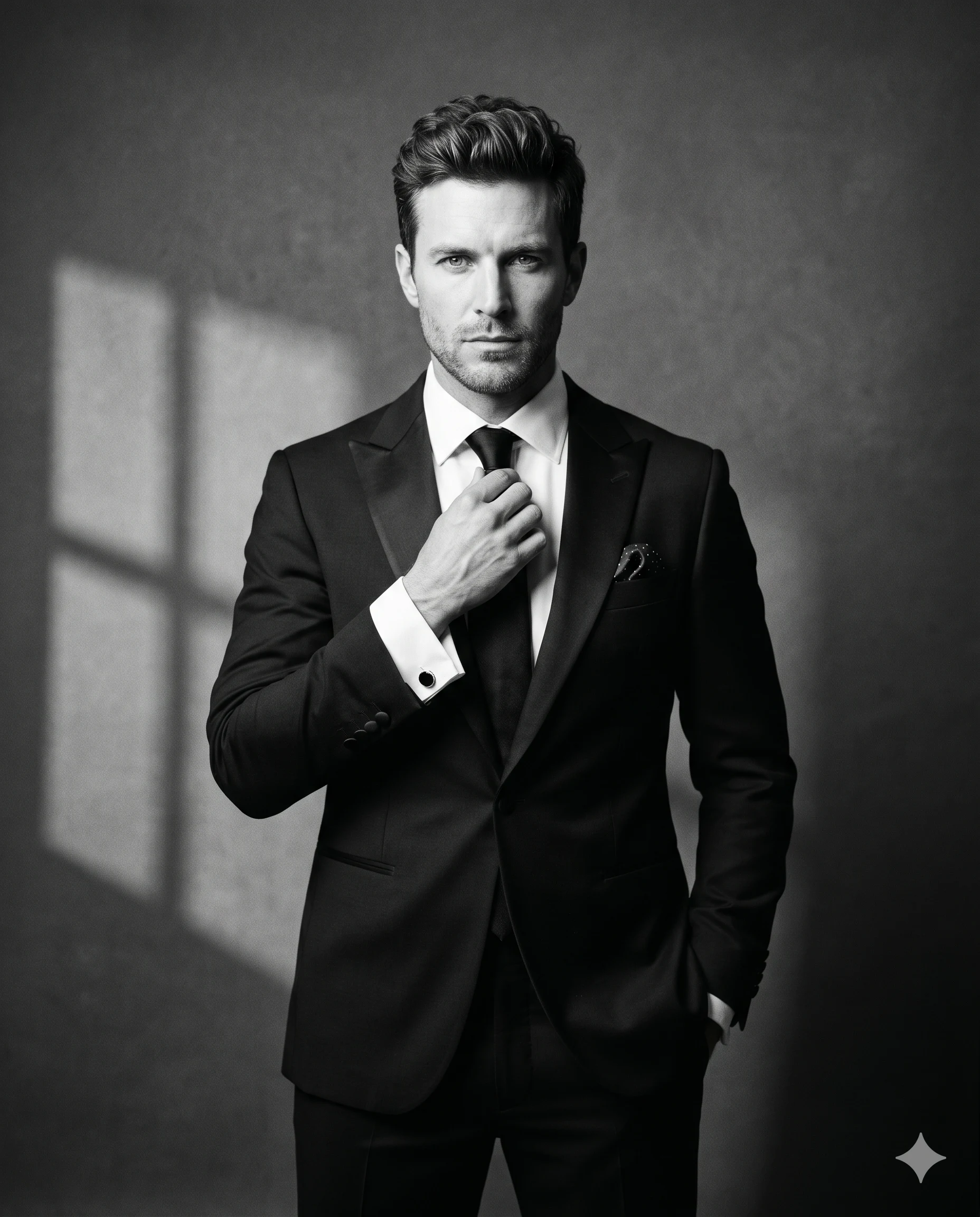 Dapper Man in Black Tuxedo Adjusting Tie AI Photo Editing Prompt. AI generated black and white studio portrait of a handsome man in a black tuxedo adjusting his tie against a textured wall with a window shadow.