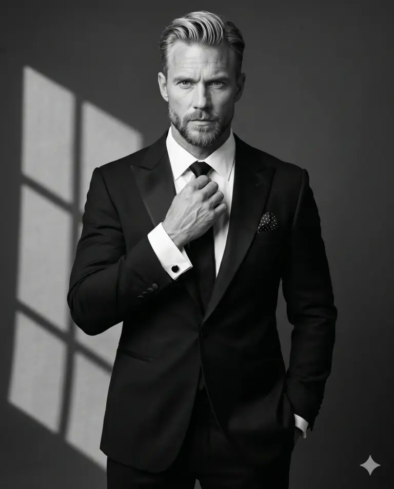 Man in Black Suit Black and White Photography Prompt. AI generated cinematic portrait of a sharp-dressed man in a black suit adjusting his tie against a shadowed studio background.