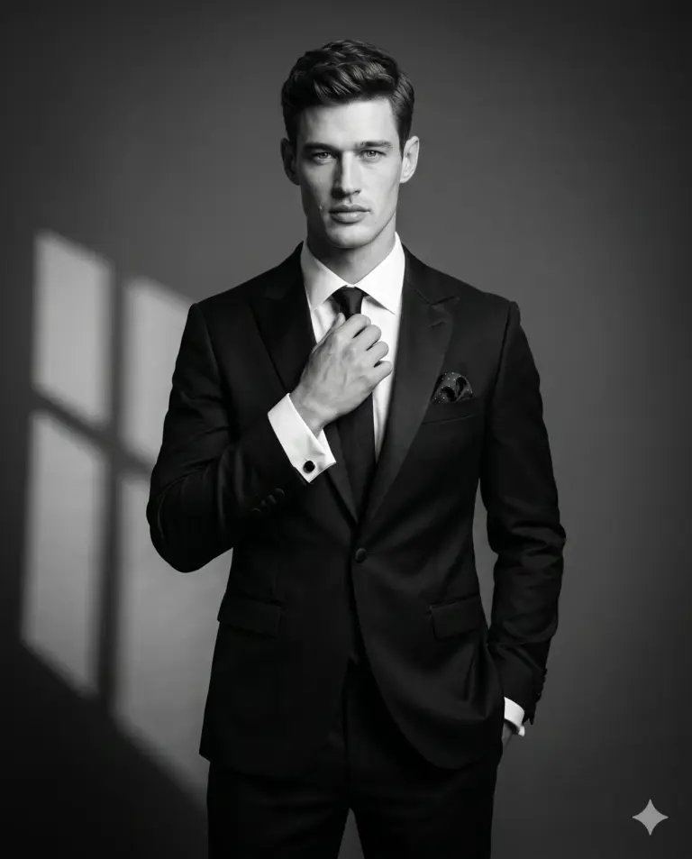 Man in Tailored Suit AI Photo Editing Prompt. AI generated cinematic studio portrait of a man in a black suit adjusting his tie against a background with window-pane shadows.